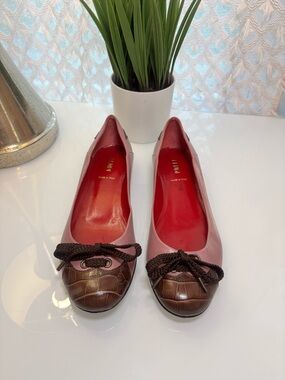 Fendi Pink Leather Ballet Flats Croc Cap Toe Bow Made in Italy Designer
